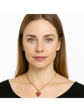 Handmade Dainty Jewlery Elegant Gold Yarn and Red Heart Pendant Crochet Necklace